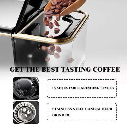 Fully Automatic Coffee Maker with Built-In Grinder and Milk Frother, Touch Screen 20 Bar High Pressure Espresso Machine with Adjustable Temperature and Strength for Home, Office