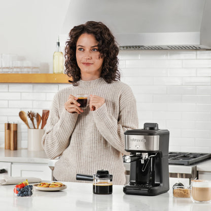 Gourmia 4-Shot Steam Espresso, Cappuccino, and Latte Maker with Frothing Wand, Black, New