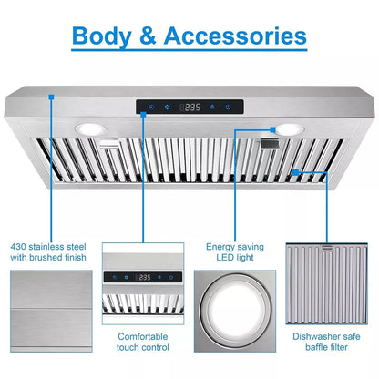 "Joeaonz 30"" Convertible Under Cabinet Range Hood, Stainless Steel, 600CFM, 3-Speed Fan, Dishwasher-Safe Filter"