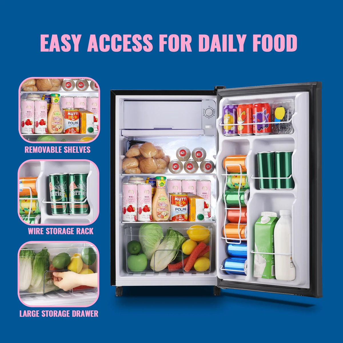WANAI 3.2 Cu.ft Mini Refrigerator with 5 Temp Control Small Fridge Compact Size for Any Room Silver
