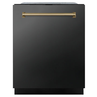 ZLINE Autograph Edition 24" 3rd Rack Top Touch Control Tall Tub Dishwasher in Black Stainless Steel with Gold Handle, 45dBa (DWMTZ-BS-24-G)