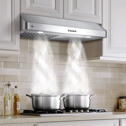 AMZCHEF Under Cabinet Range Hood 30 Inch, 750CFM Wall Mount Range Hood with 3 Speed Kitchen Exhaust Fan, Button Control, AC Motor
