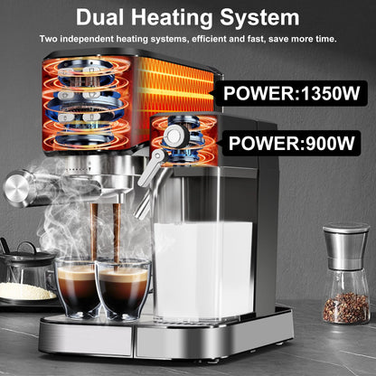 Bluebow 6-in-1 Espresso Machine, 20 BAR Cappuccino & Latte Machine with Built-In Milk Frother, One-Touch Single/Double Shot, 1350W, Stainless Steel
