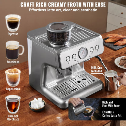 KFFKFF Semi-Automatic Espresso Maker with Grinder, 15 Bar, Includes Milk Frother Steam Wand, Detachable Water Tank & Pressure Gauge, for Cappuccino, Latte, Machiato, with PID Temperature Control