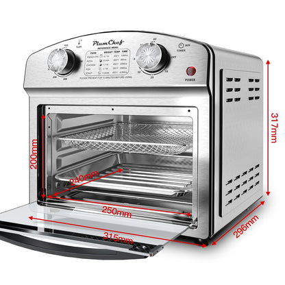 Plum Chef 13QT Air Fryer, 4-Slice Air Fryer Toaster Oven, Space Saving, Visible Window, Oil Free, 1500W, Stainless Steel, Silver
