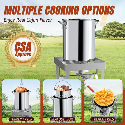30QT Stainless Steel Turkey Fryer Kit, Stainless Steel Stand with 55,000BTU Propane Burner Stove, Waterproof Cover & Skimmer, Turkey Deep Fryer Pot, Outdoor Fish Fryer, Crawfish Boiler