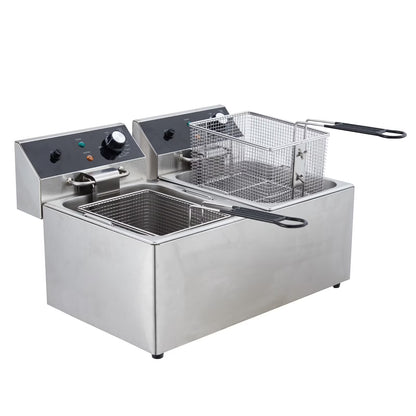 Yesurprise 6/10/12L Commercial Electric Deep Fryer Dual Tank w/Basket & Lid Countertop Stainless Steel Deep Fryer for Large Tank French Fries Onion Rings