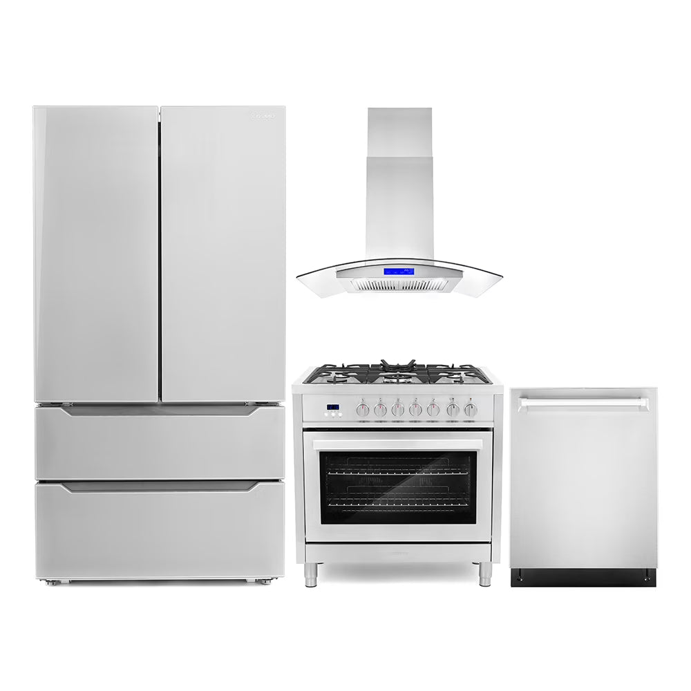 Cosmo 4 Piece Kitchen Appliance Packages with 36" Freestanding 220/240V Dual Fuel Range 36" Island Range Hood 24" Built-in Integrated Dishwasher & French Door Refrigerator Kitchen Appliance Bundles