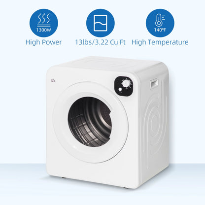 Clothes Dryer HOMCOM Portable Clothes Dryer, 120V 1300W Compact Laundry Dryer with Intelligent Drying, 3.2 cu.ft Stainless Steel Drum, Front Load Electric Dryer for Apartments, Dorms, RVs, White,Elec