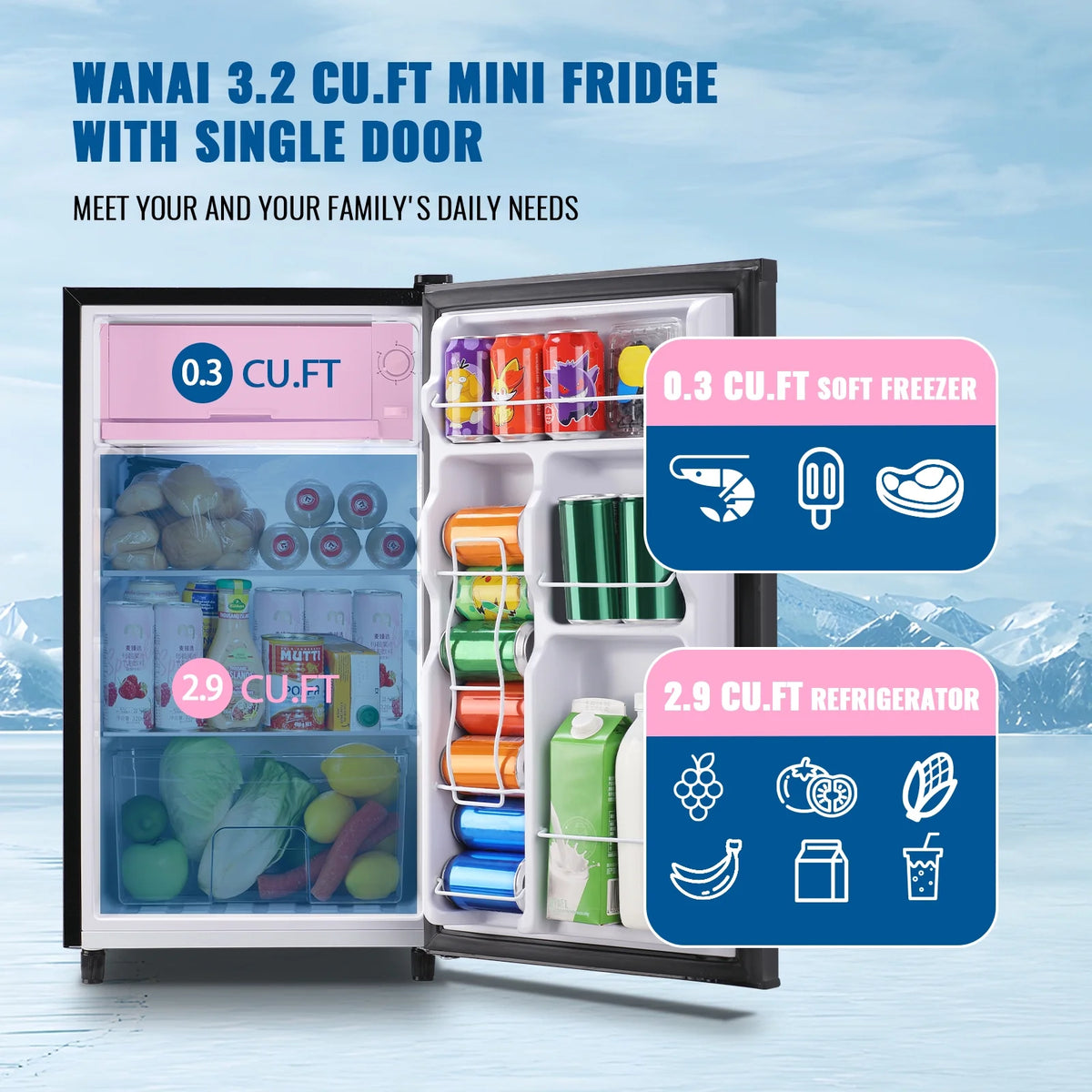 WANAI 3.2 Cu.ft Mini Refrigerator with 5 Temp Control Small Fridge Compact Size for Any Room Silver
