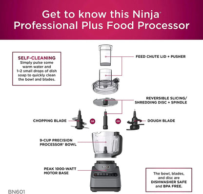 Restored Ninja BN601 Plus Food Processor 1000 Watts Autoiq, Chop Slice Shred, 9Cup Silver Stainless (Refurbished)