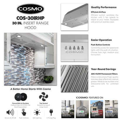 30 in. Insert Range Hood with Push Button Controls in Stainless Steel