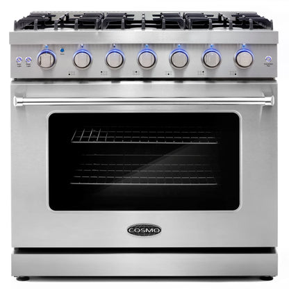 Cosmo 3 Piece Kitchen Appliance Packages with 36" Freestanding Gas Range Kitchen Stove 24" Built-in Fully Integrated Dishwasher & 48 Bottle Freestanding Wine Refrigerator Kitchen Appliance Bundles