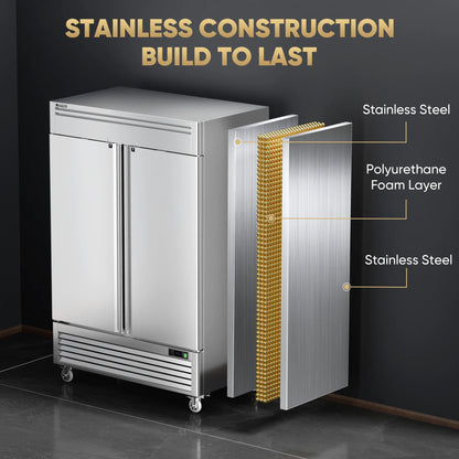 Coolski 54"W 2 Door Commercial Freezer, 49 Cu.ft Stainless Steel Reach-in Freezer