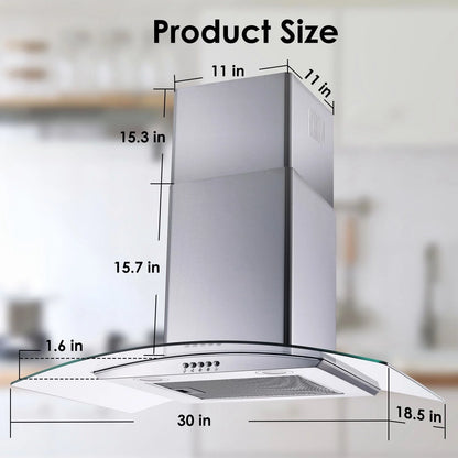 30 inch Kitchen Stainless Wall Mount Range Hood 450CFM Stainless 3-Speed with Led Bulb Dishwasher Filter For Burner 120V