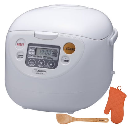Zojirushi Micom Rice Cooker and Warmer (10-Cup / Cool White) with Bamboo Stir Spatula and Mitt