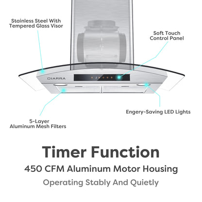 CIARRA Wall Mount Range Hood 30 inch with Tempered Glass 450 CFM Kitchen Vent Hood Ductless Ducted Convertible CAS50275