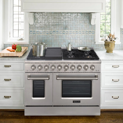Akicon 48" Slide-in Freestanding Professional Style Gas Range with 6.7 Cu. Ft. Oven, 8 Burners, Convection Fan, Cast Iron Grates, & Blue Porcelain Oven Interior, In Stainless Steel