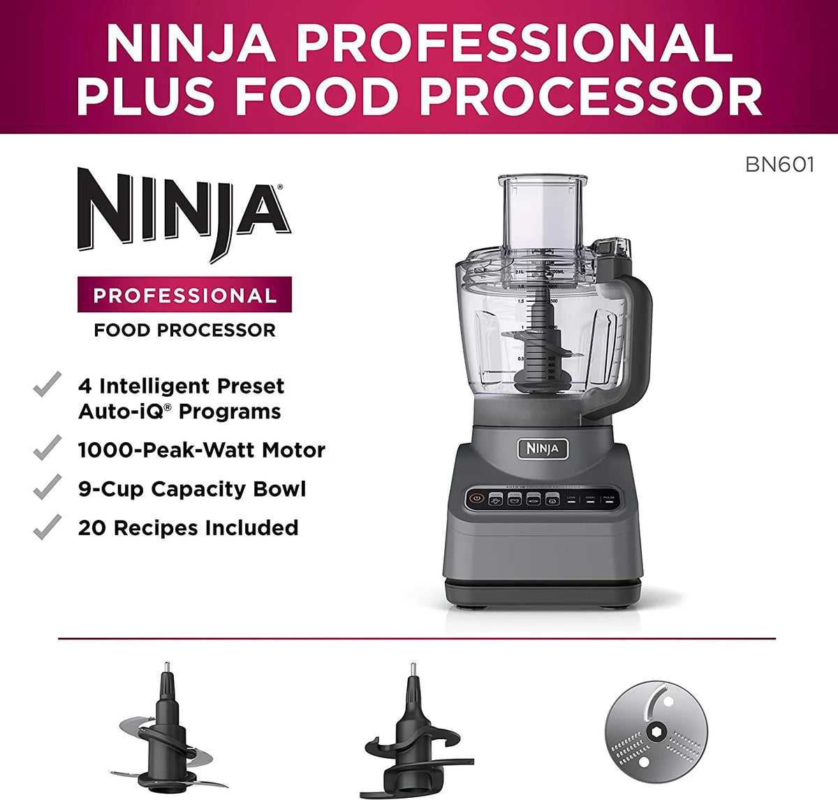 Restored Ninja BN601 Plus Food Processor 1000 Watts Autoiq, Chop Slice Shred, 9Cup Silver Stainless (Refurbished)