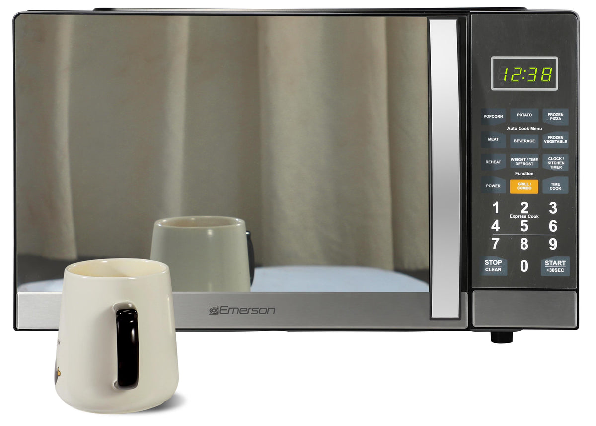 Emerson 1.1 Cu Ft, 1100W Mirror Finish Countertop Microwave Oven with Grill, MWG1191SB