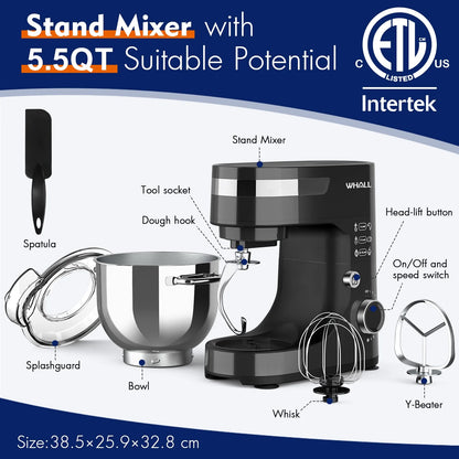 WHALL Stand Mixer - 5.5Qt 12-Speed Tilt-Head Electric Kitchen Mixer with Dough Hook/Wire Whip/Beater, Stainless Steel Bowl (Black) New