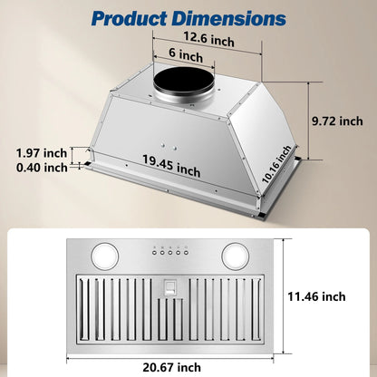20" 600 CFM Range Hood Insert, Ultra-Quiet ��60dB, Dishwasher-Safe Filter, 3-Speed, LED Lights, Ductless/Ducted
