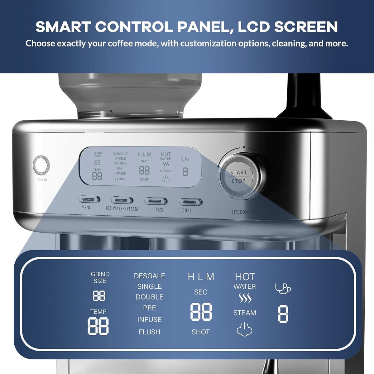 Espresso Machine 15 Bar, LCD Display Espresso Maker with Grinder, Milk Frother and PID Temperature Control, Professional Coffee Maker for Latte Cappuccino - 8.8 Oz Bean Hopper