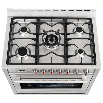 Cosmo 4 Piece Kitchen Appliance Packages with 36" Freestanding 220/240V Dual Fuel Range 36" Under Cabinet Mount Range Hood 24" Built-in Dishwasher & French Door Refrigerator Kitchen Appliance Bundles