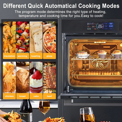 24" Built-in Electric Ovens with 70L Capacity, 3000W Single Wall Oven with View Window, Steam & Grill Oven 2 in 1, 8 Cooking Functions & 108 Automatic Recipes, 3D Surround Heating, LED Screen