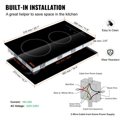 KFFKFF Electric Ceramic Cooktop, 23" 6000W 4 Burners Built-in Countertop Burners Cooker Touch Sensor Control, Overheat Protection, Child Lock, 220-240V (NO Plug)