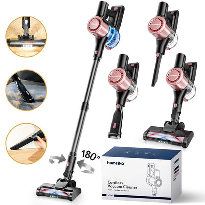 Homeika H320 Cordless Vacuum Cleaner, 28KPA Powerful Suction 8-in-1 Multi-Tool 55min Runtime LED Motorized Brush One-Click Dust Emptying for Pet Hair and Allergies,Pink