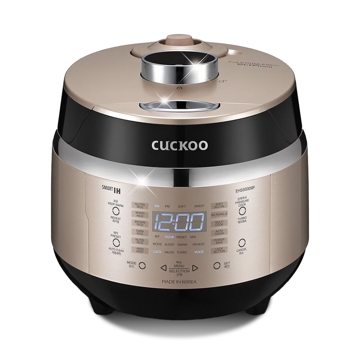Cuckoo 3 Cup Dry Induction Heating Pressure Rice Cooker with Micom Logic Tech, Nonstick Pot, Warmer, 16 Menu Modes and Voice Guide in Gold (CRP-EHSS0309FG)