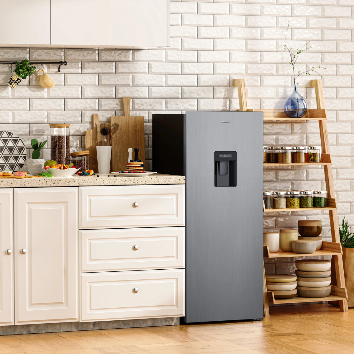 Galanz 6.5 Cu ft One Door Refrigerator, with Water Dispenser, Stainless Steel Look, Estar, New