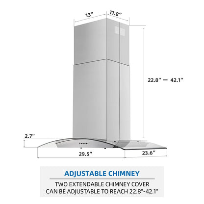 "Joeaonz 30"" Island Mount Range Hood, Stainless Steel, LED Bulbs, Easy-Clean Filters, 120V"