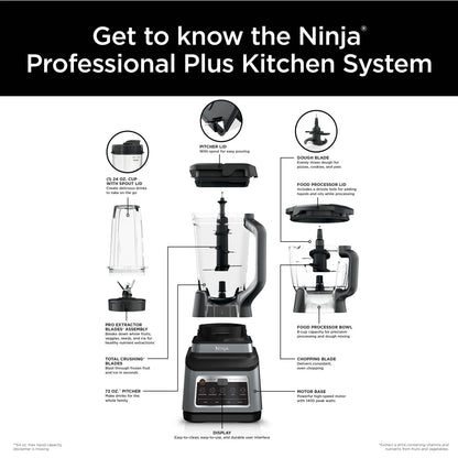 Ninja Professional Plus Kitchen System, 1400 Watts, 5 Presets for Smoothies, Chopping, Dough with Auto IQ, 72-oz.* Blender Pitcher, 64-oz. Processor Bowl, 24-oz. To-Go Cups, Black, BN800