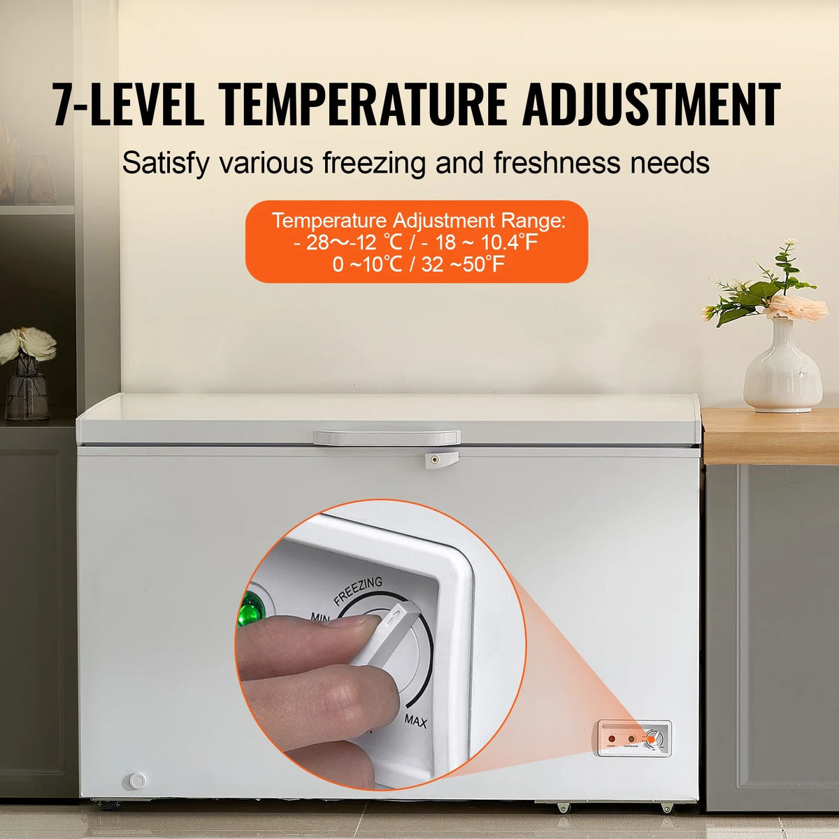 KFFKFF 12.8 Cu.ft / 345 L  Top-Open Chest Freezer with 7-SpeedTemperature Control 4 Removable Storage Baskets, Freestanding 6 Wheels