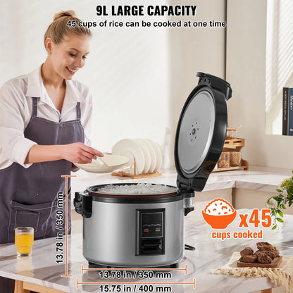 KFFKFF Industrial Rice Steamer, 45-Cup Capacity, 9.51 Qt / 9 Liter Voluminous Rice Maker and Heater with Nonstick Cooking Chamber, Swift Preparation and 12-Hour Heat Retention