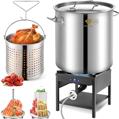 64QT Stainless Steel Pot with 200,000BTU Propane Fryer, Seafood Boil Pot, Crab Boil Pot, Lobster Pot, Shrimp Boil Pot, Tamale Steamer Pot with Basket and Turkey Fryer Burner