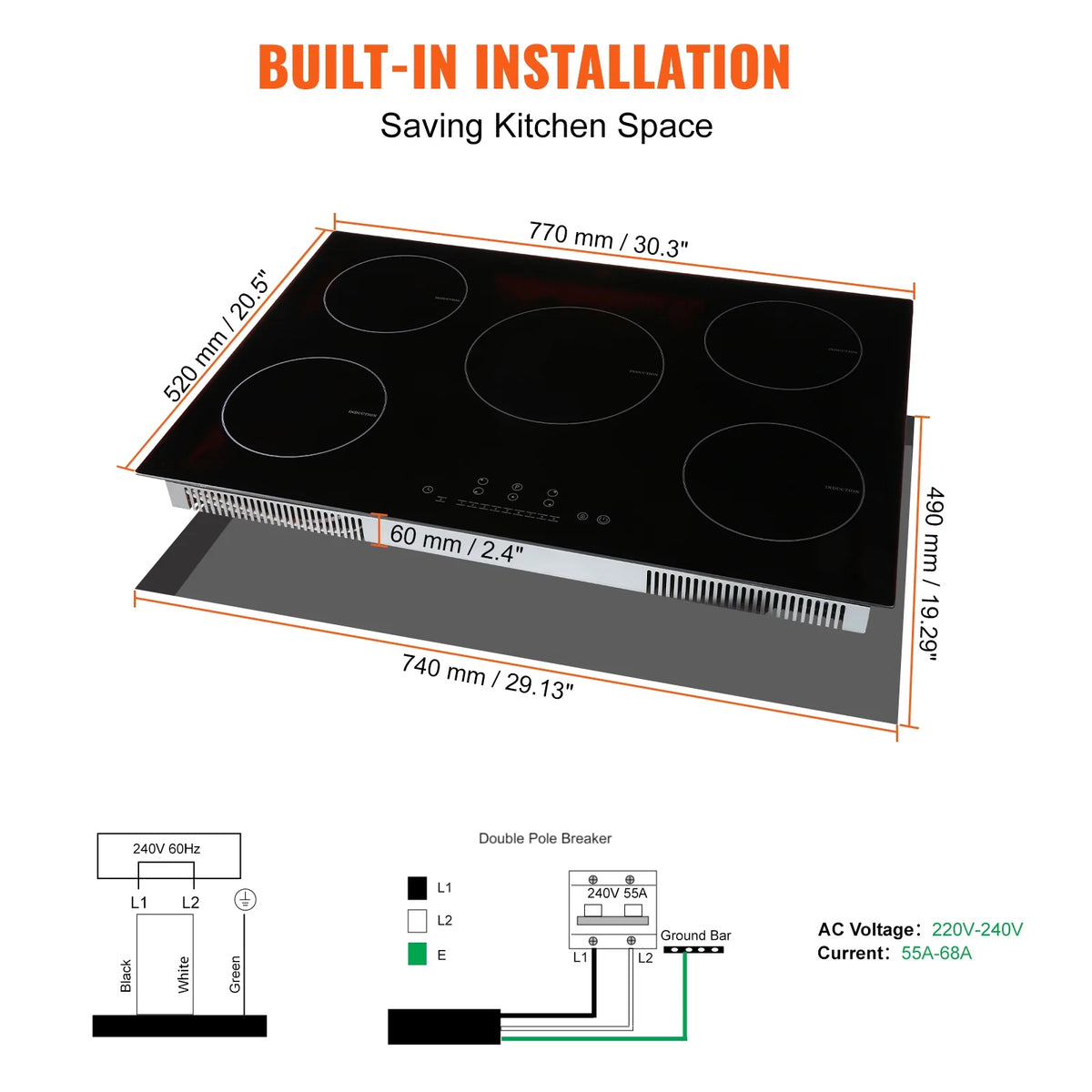 KFFKFF Electric Range, 5 Elements, 30'' Built-in Induction Cooking Surface, 9200W, 9 Power Settings, LED Display, Safety Lock & Heat Guard