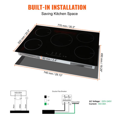 KFFKFF Electric Range, 5 Elements, 30'' Built-in Induction Cooking Surface, 9200W, 9 Power Settings, LED Display, Safety Lock & Heat Guard