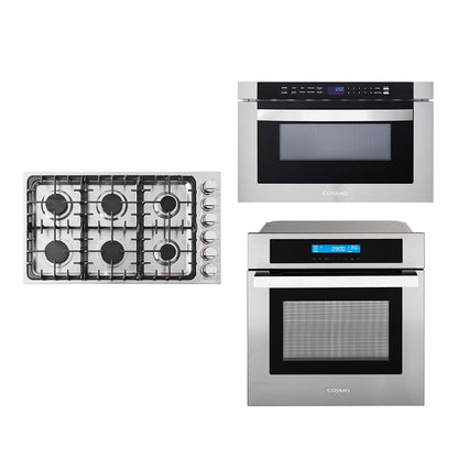 3 Piece Kitchen Package With 36" Gas Cooktop 24" Built-In Microwave Drawer 24" Single Electric Wall Oven