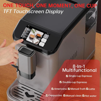 Full Automatic Espresso Machine with Built-In Grinder & Milk Frother - FTF Touchscreen Coffee Maker for Latte/Cappuccino, 20 Bar Pressur & 1.5L Water Tank, 1350W, Grey