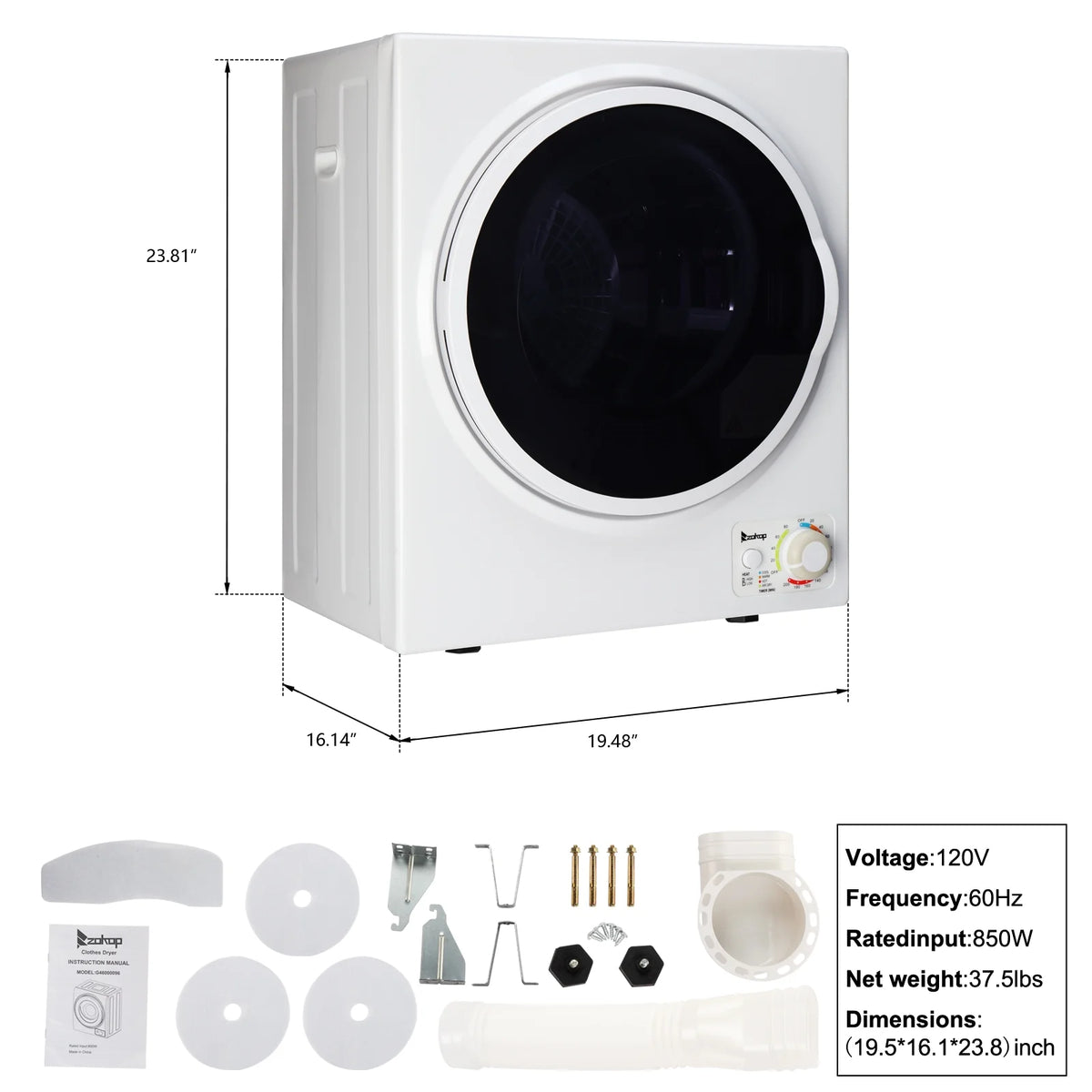 GYM25-78 Compact Portable Household clothes Dryer 1.6cuft with Stainless Steel Drum Black and White 120V MECHANICAL Control ETL Certification
