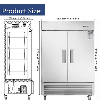 Camellia River 54" Upright Freezer, 42.2 Cu.ft. Solid Door, Commercial, Stainless Steel