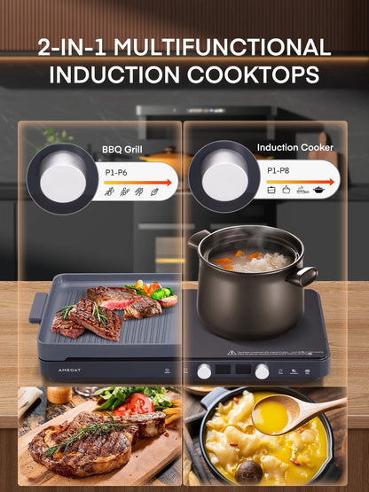 Induction Cooktop 2 Burners, 1800W Countertop Burners with Removable Cast Iron Griddle Pan Non-Stick, 8 Power Levels Control