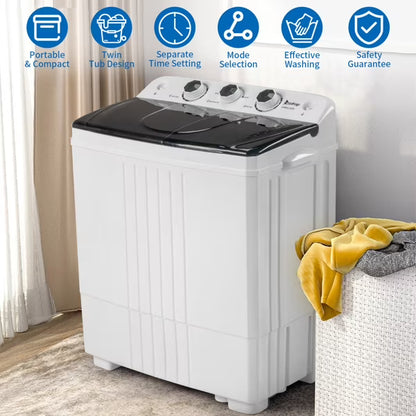 20Lb Twin Tub Washing Machine w/ Built-In Pump - Semi-Automatic 1300RPM Compact Washer for Apartment, Dorm, RV, Camping, White/Black