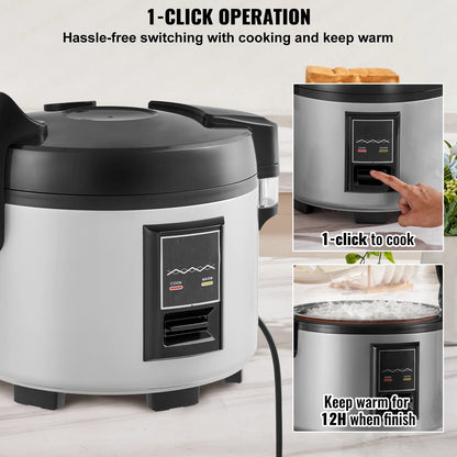 KFFKFF Industrial Rice Steamer, 45-Cup Capacity, 9.51 Qt / 9 Liter Voluminous Rice Maker and Heater with Nonstick Cooking Chamber, Swift Preparation and 12-Hour Heat Retention