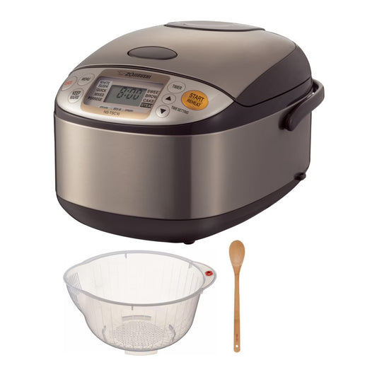 Zojirushi Micom Rice Cooker and Warmer (5.5-Cup/ Stainless Brown) with Bowl and Spoon