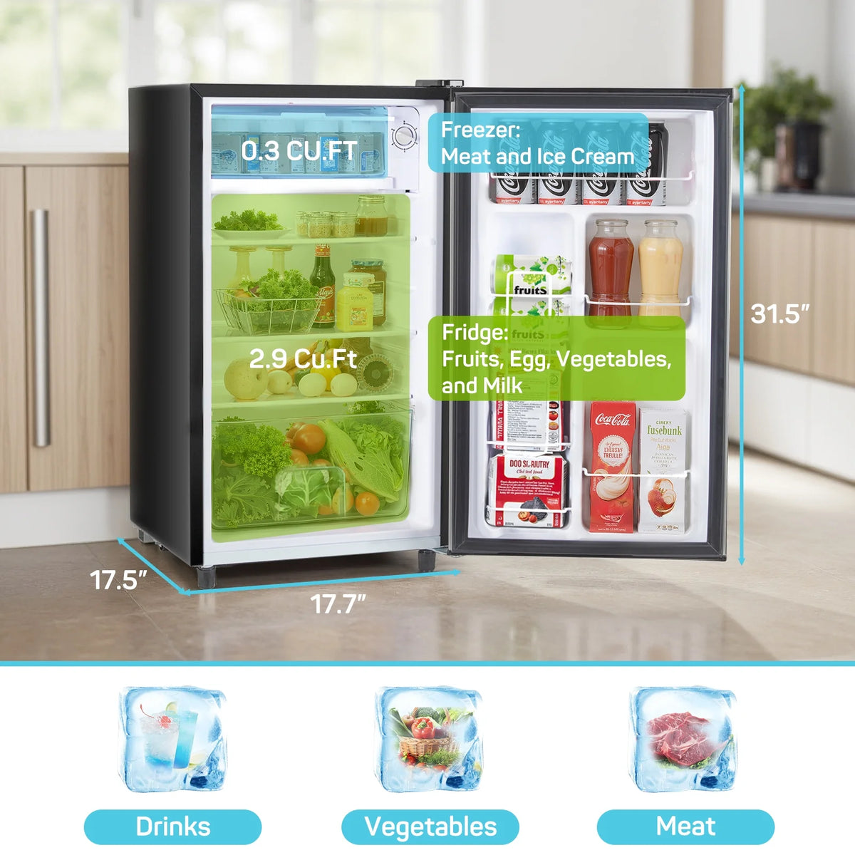 Upgraded Mini Fridge with Freezer, Compact Single Door, 3.2 Cu.Ft , Adjustable Thermostat, Low Noise, Perfect for Bedroom, Dorm, Office, 17.5" D x 17.7" W x 31.5" H, Black