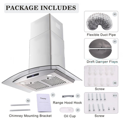 30 in. Ducted Wall Mount Range Hood Kitchen Hood Stainless Steel with Touch Control LED Light